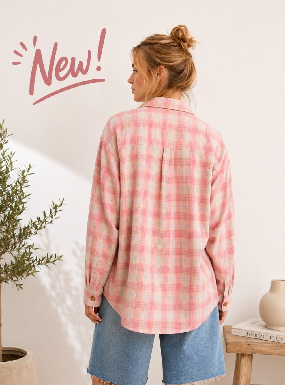 New! American Eagle Soft Coral Plaid Flannel Shacket Button Down - Picture 4 of 7